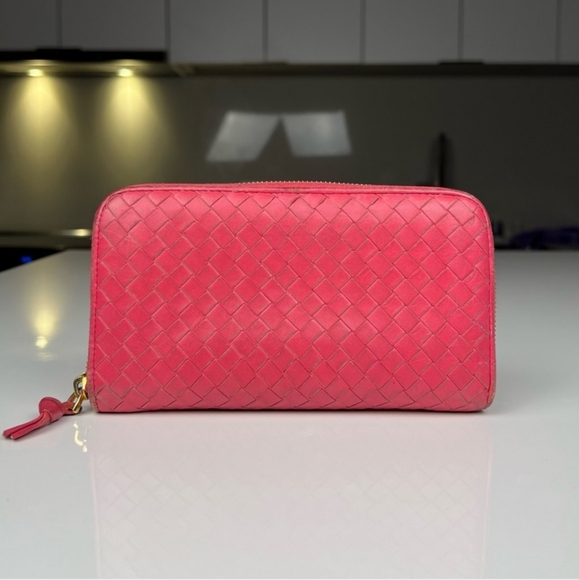Bottega Veneta Handbags - Bottega Veneta Intrecciato Pink Zip Around Wallet EUC.